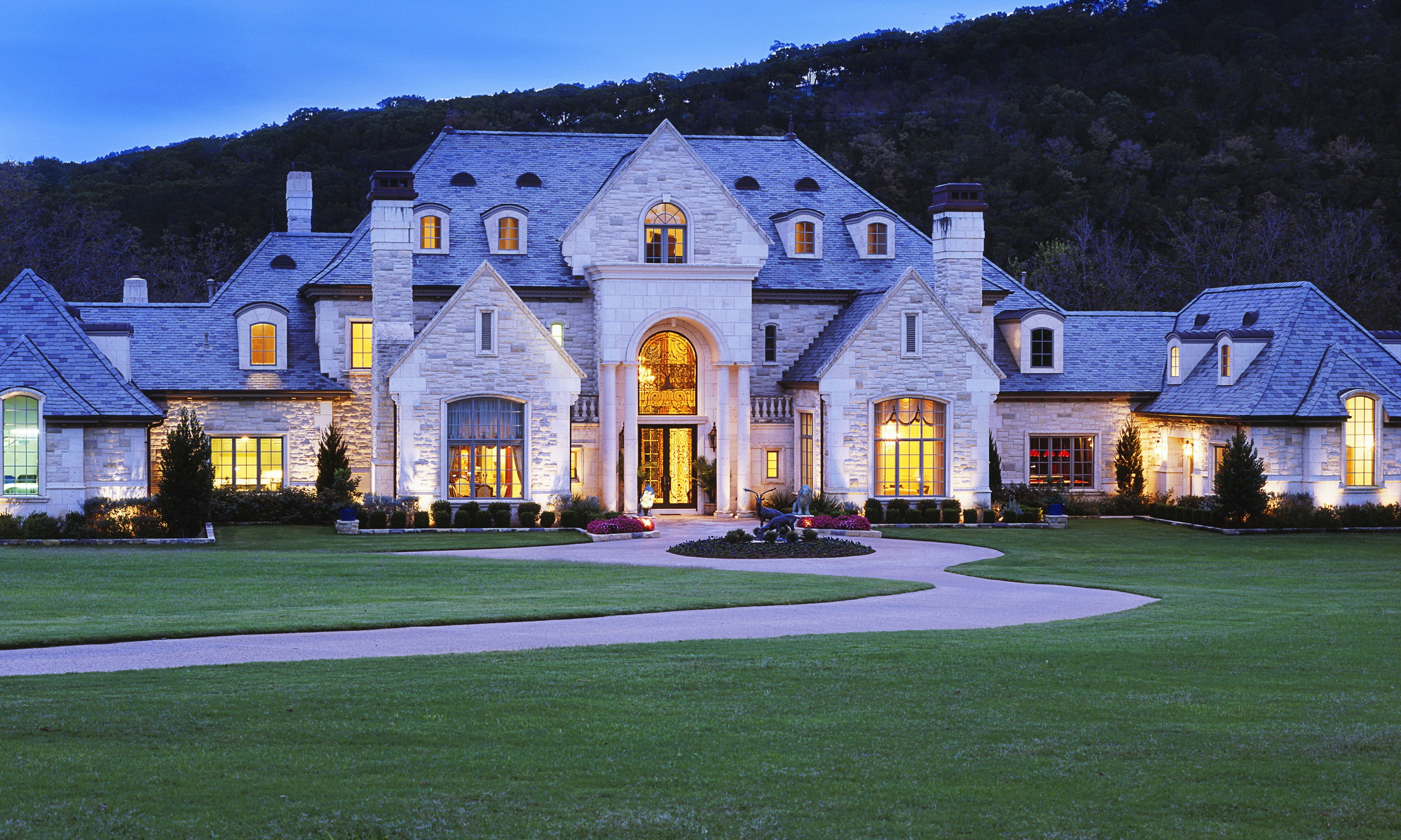 Beautiful architecture of a  white stone mansion in Texas